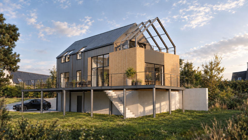 Projet d’habitation – Maison surélévée - projet à Lanildut dans le Finistère en Bretagne. Projet conceptualisé par l'Atelier Cédric Didat avec l’Atelier du Lac