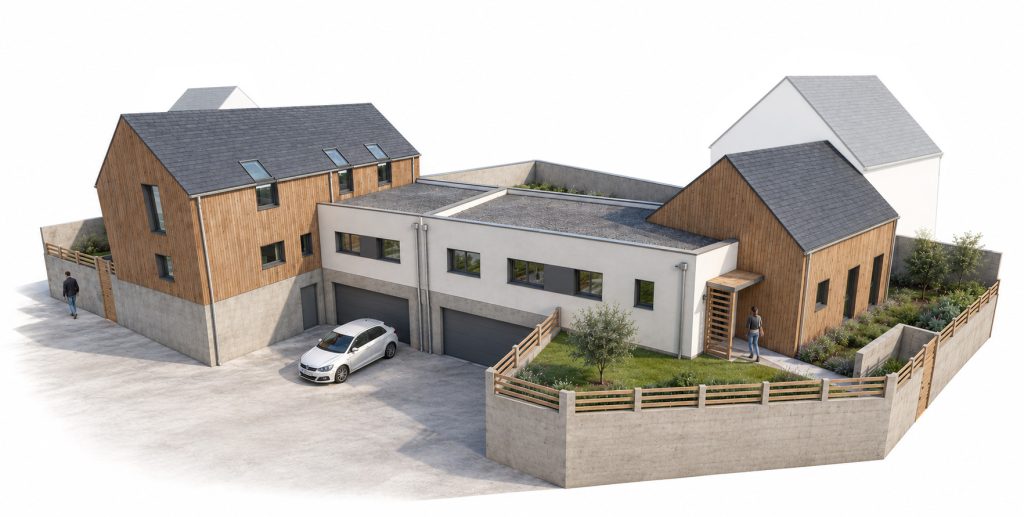 Projet de construction d’une double habitation - projet à Saint-Renan dans le Finistère en Bretagne. Projet réalisé par l'Atelier Cédric Didat