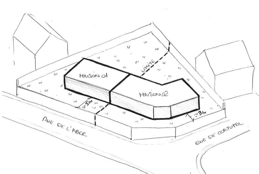 Projet de construction d’une double habitation - projet à Saint-Renan dans le Finistère en Bretagne. Projet réalisé par l'Atelier Cédric Didat