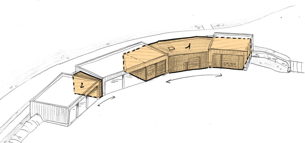 Création d'un ensemble d'entrepôts avec des partie ouvertes et d'autres closes. - projet à Lanrivoaré dans le Finistère en Bretagne. Projet réalisé par l'Atelier Cédric Didat - construction neuve pour la communauté de commune de l'iroise.