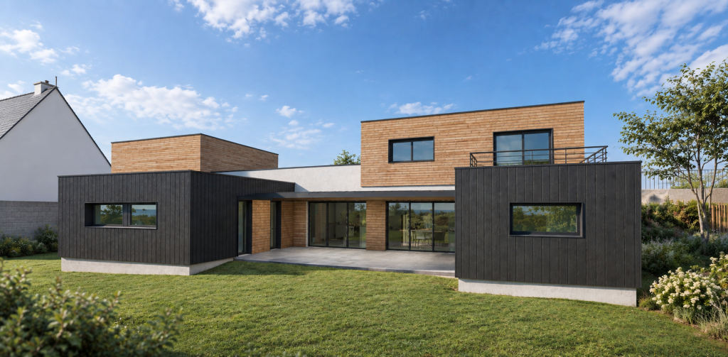 Création d’une maison neuve en U – habitation individuelle - projet à Saint-Martin-Des-Champs dans le Finistère en Bretagne. Projet réalisé par l'Atelier Cédric Didat