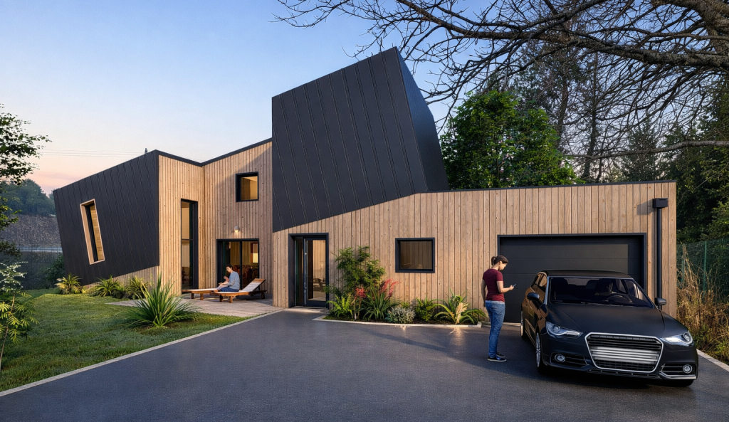 Maison penchée - projet à Plougonven dans le Finistère en Bretagne. Projet aux démarches environnementale réalisé par l'Atelier Cédric Didat - maison neuve, pouvant être passive.