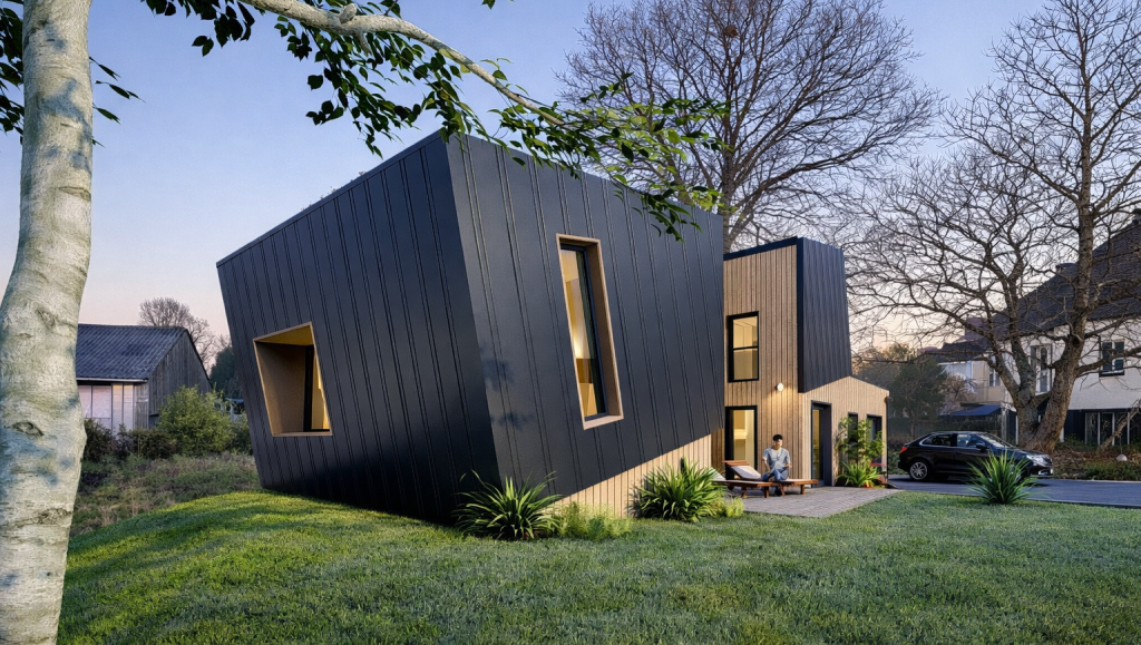 Maison penchée - projet à Plougonven dans le Finistère en Bretagne. Projet aux démarches environnementale réalisé par l'Atelier Cédric Didat - maison neuve, pouvant être passive.