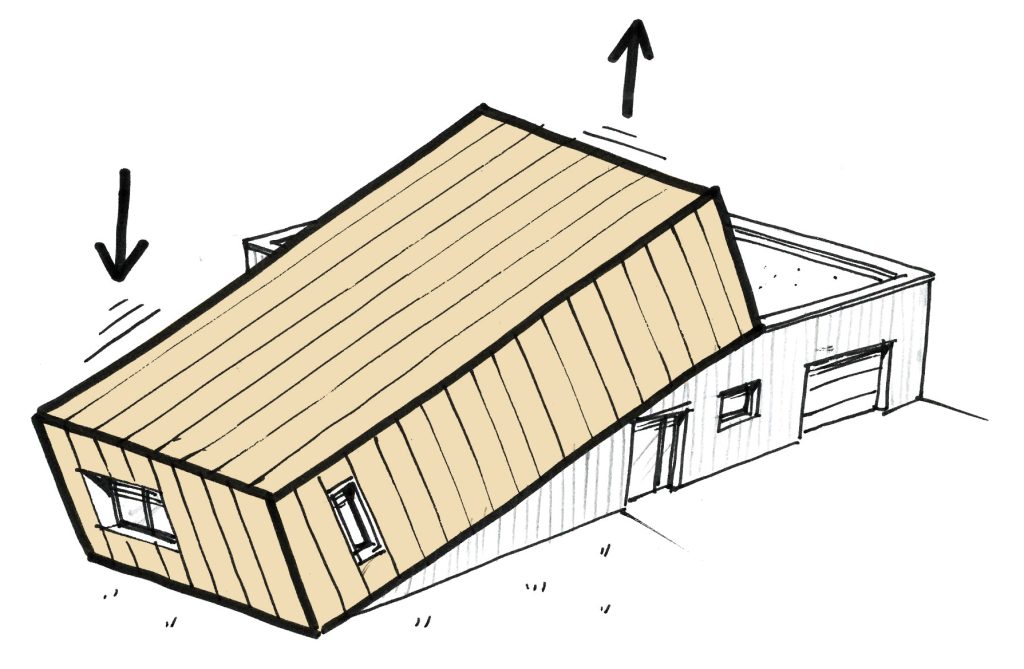 Maison penchée - projet à Plougonven dans le Finistère en Bretagne. Projet aux démarches environnementale réalisé par l'Atelier Cédric Didat - maison neuve, pouvant être passive.