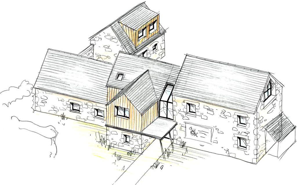 Réhabilitation d’une ancienne longère en un gîte - projet à Kerlouan dans le Finistère en Bretagne. Projet réalisé par l'Atelier Cédric Didat