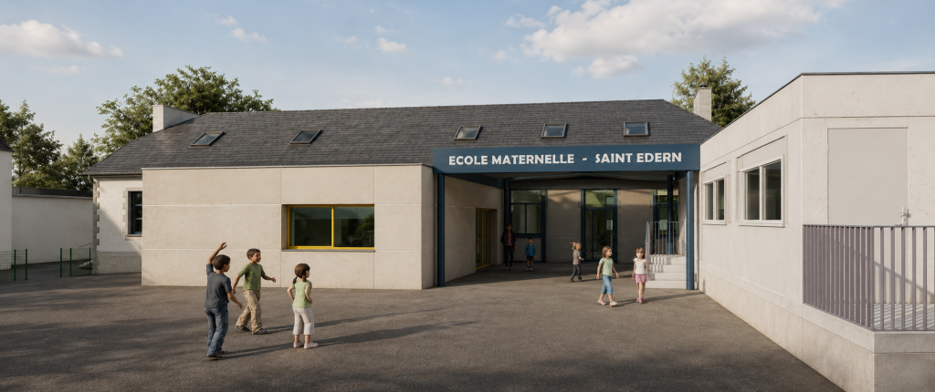 Extension de l’école maternelle St Edern - projet à Plouédern dans le Finistère en Bretagne. Projet réalisé par l'Atelier Cédric Didat – extension et creation préau