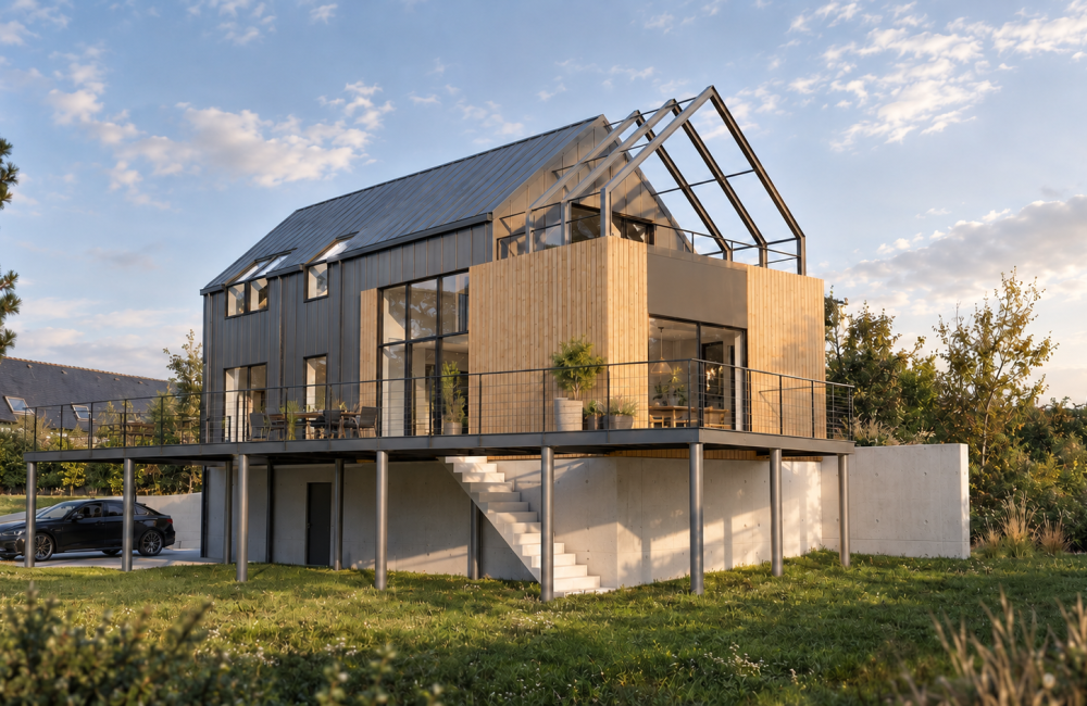 Projet d’habitation – Maison surélévée - projet à Lanildut dans le Finistère en Bretagne. Projet conceptualisé par l'Atelier Cédric Didat avec l’Atelier du Lac