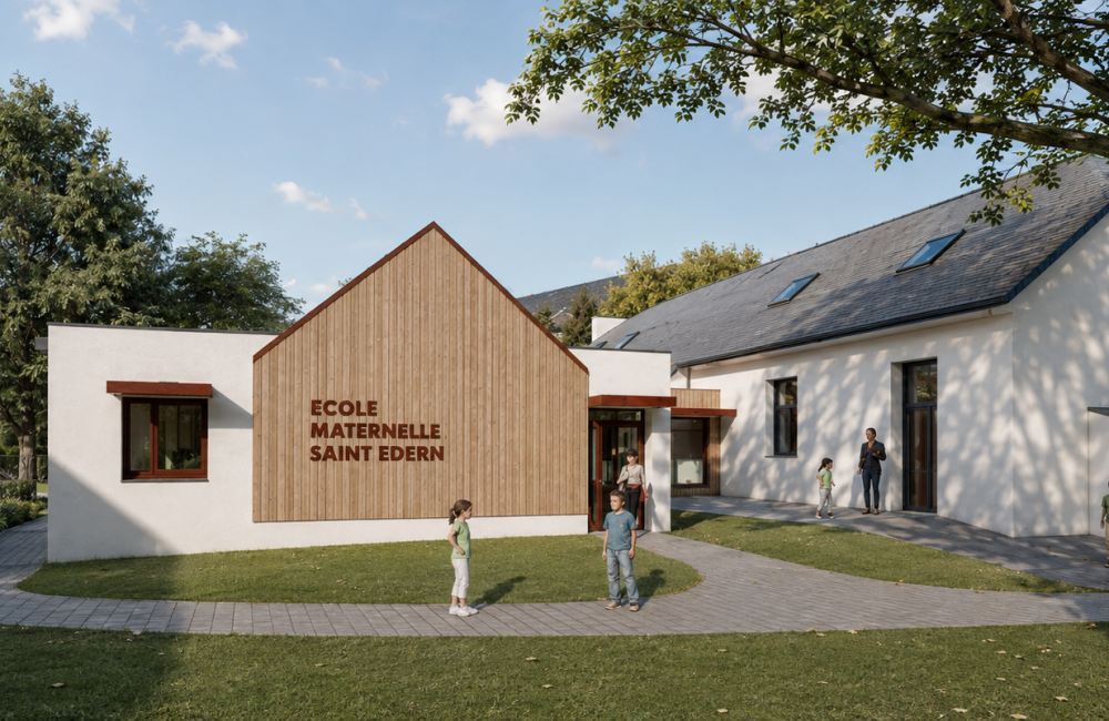 Extension de l’école maternelle St Edern - projet à Plouédern dans le Finistère en Bretagne. Projet réalisé par l'Atelier Cédric Didat – extension et creation préau