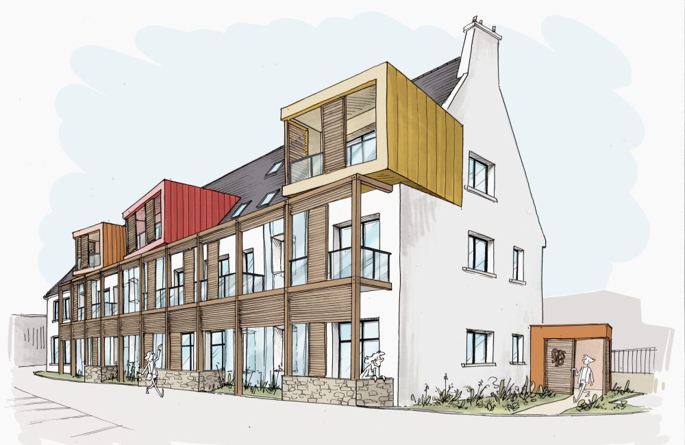 Création de 13 logements dans l'ancien bâtiment de l'école primaire de Telgruc-sur-mer - Concours pour un projet à Telgruc-sur-mer dans le Finistère en Bretagne. par l'Atelier Cédric Didat notamment.