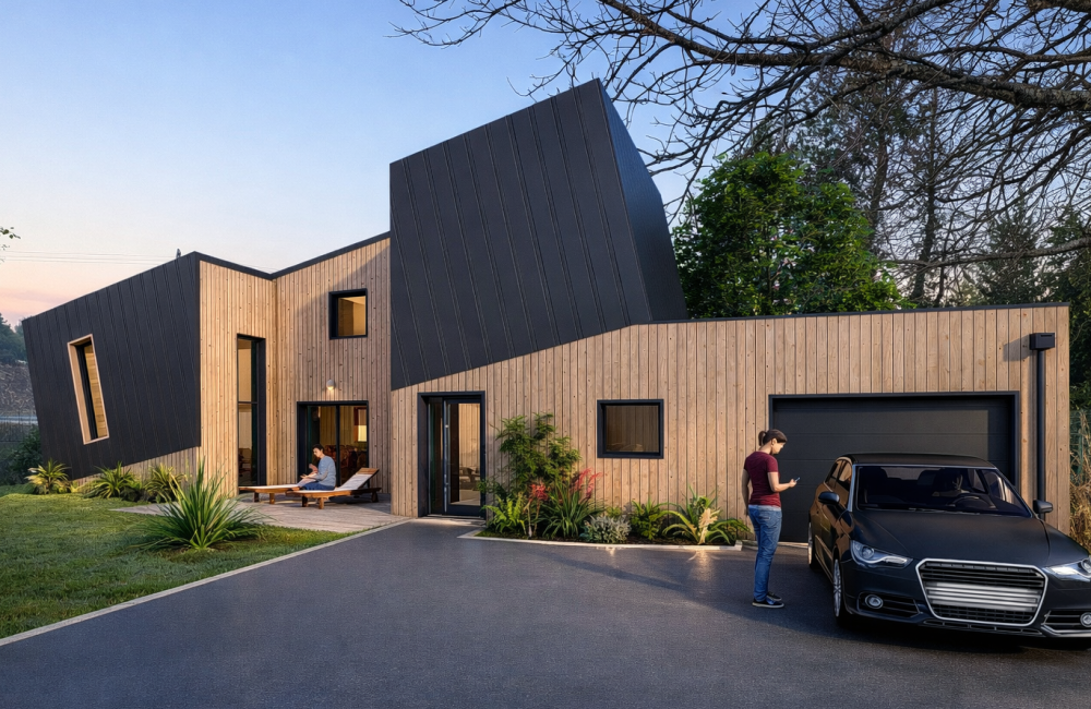 Maison penchée - projet à Plougonven dans le Finistère en Bretagne. Projet aux démarches environnementale réalisé par l'Atelier Cédric Didat - maison neuve, pouvant être passive.